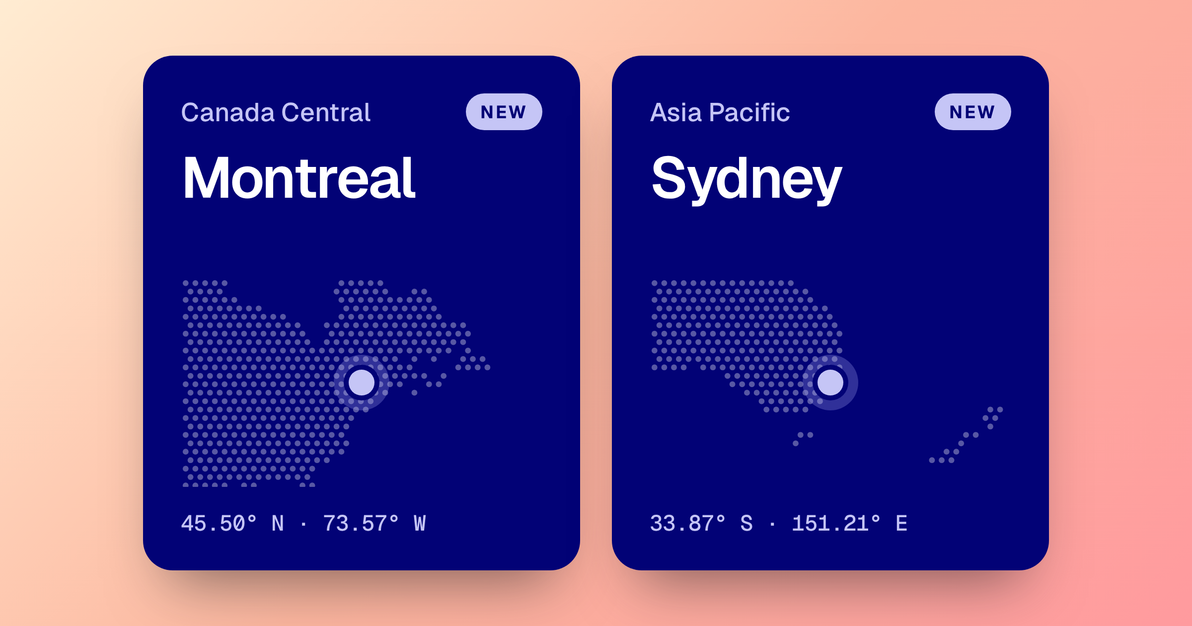 Two new region cards, Montreal and Sydney, each with a dotted map and a pin on the city