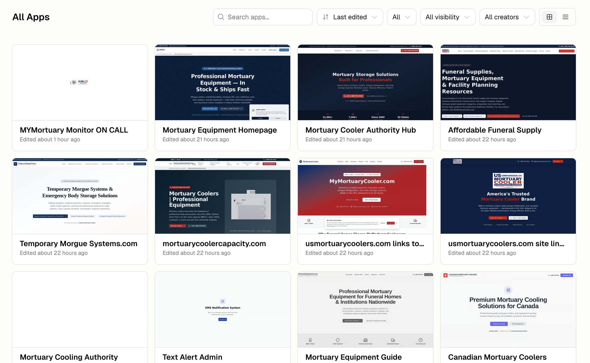 TR's Hercules dashboard showing a grid of the death-care websites he built, including a mortuary equipment homepage, a mortuary cooler authority hub, a funeral supply site, and Canadian mortuary coolers