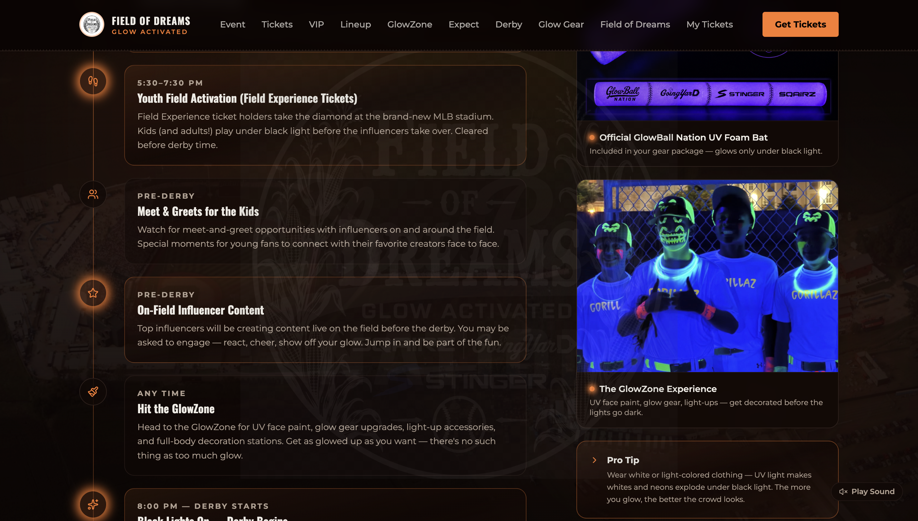 The Field of Dreams event ticketing site GlowBall Nation is building on Hercules, showing the game-day schedule and the GlowZone experience under black light