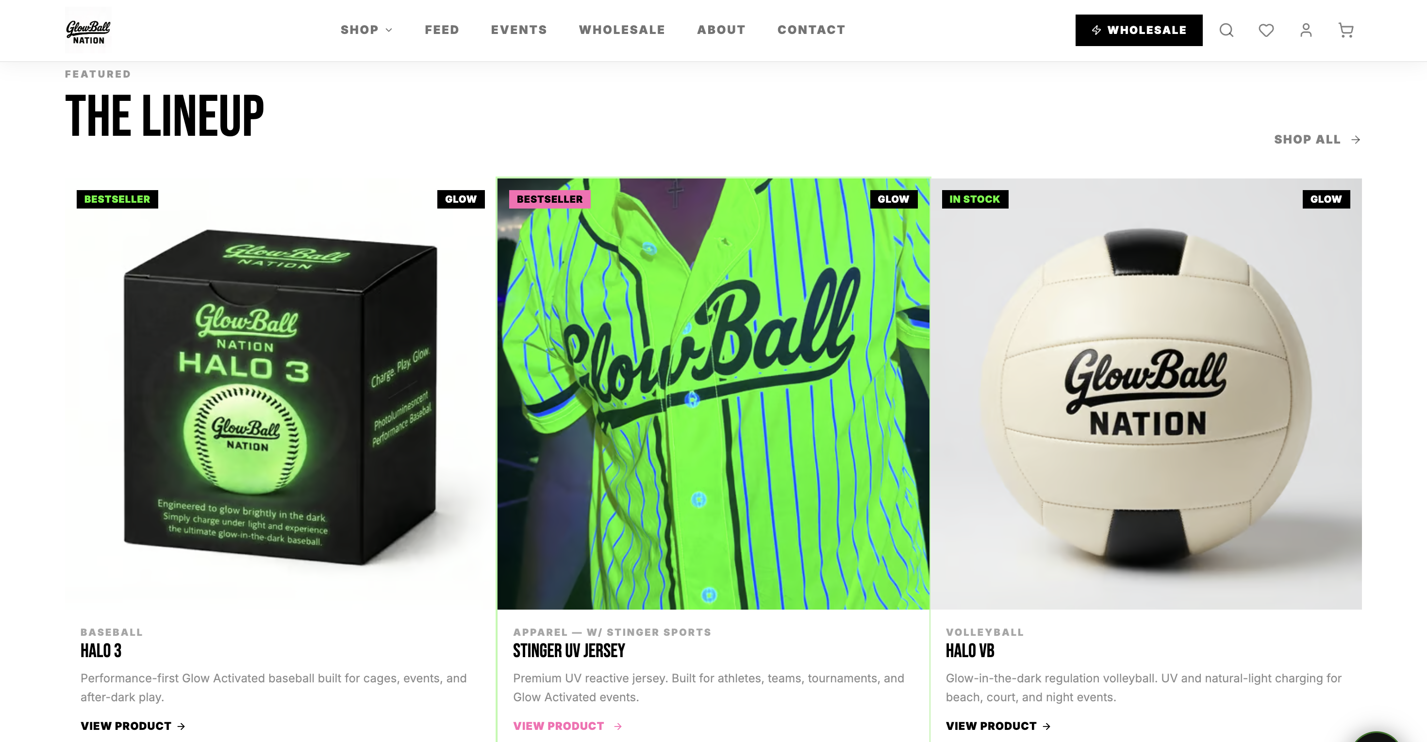 GlowBall Nation's online store built on Hercules, with a shifting blacklight background and glow-in-the-dark baseball gear for sale